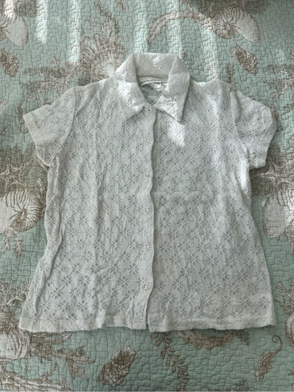 White Lace Short-Sleeve Button-Front Blouse